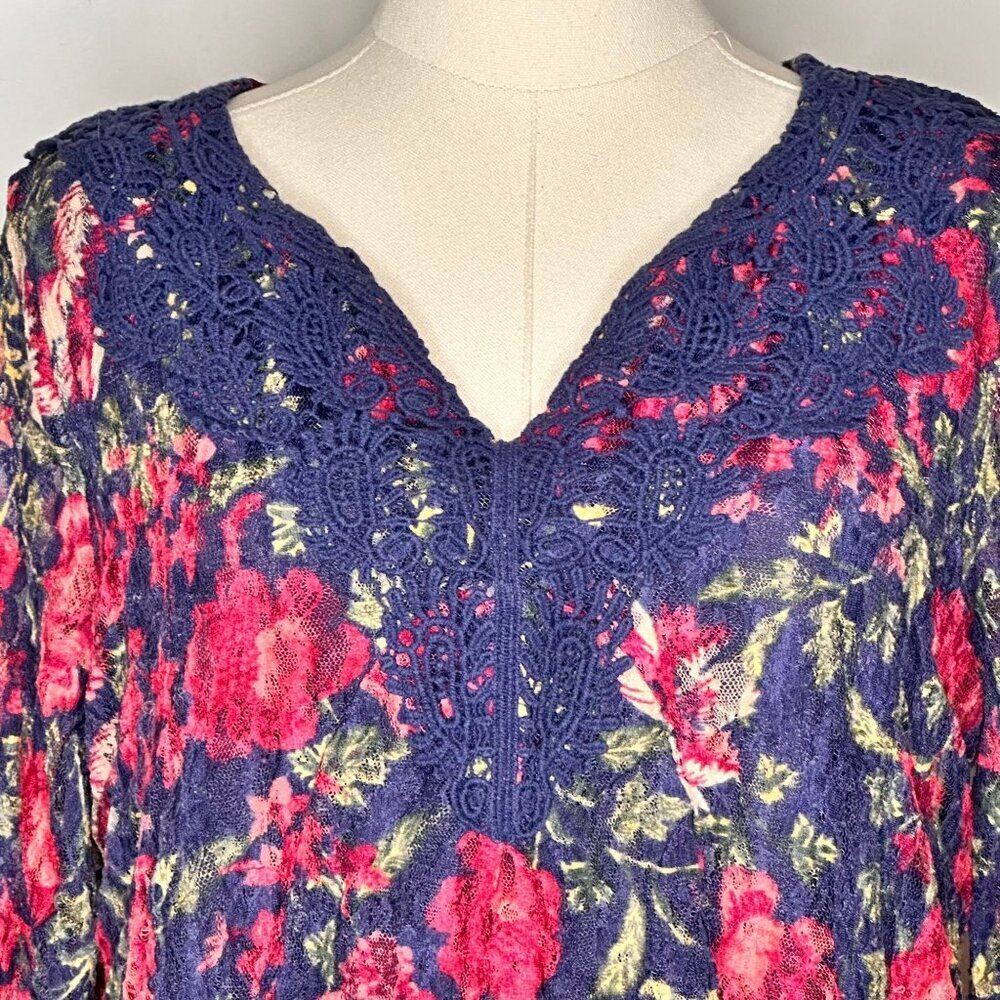 Lee  Floral Lace Tunic Top Womens XL Navy Hot Pink Flowy Cottage 90s Y2k Fairy - Picture 9 of 12
